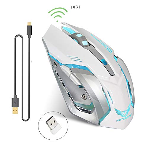 Product Cover Rechargeable 2.4Ghz Wireless Gaming Mouse with USB Receiver,7 Colors Backlit for MacBook, Computer PC, Laptop (600Mah Lithium Battery) (White)