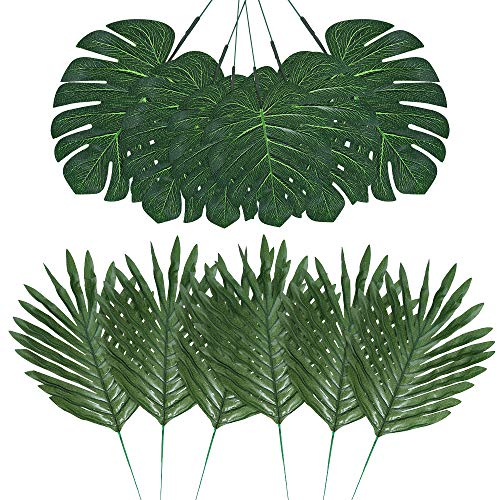 Product Cover Auihiay 48 Pieces 4 Kinds Artificial Palm Leaves with Faux Stems Tropical Plant Leaves Monstera Leaves Safari Leaves for Hawaiian Luau Party Jungle Beach Table Leave Decorations