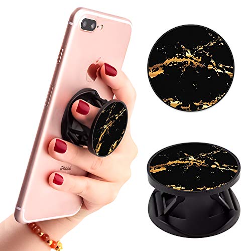 Product Cover Multi-Functional Black Gold Marble Cell Phone Finger Foldable Expanding Stand Holder Kickstand Hand Grip Car Mount Hooks Widely Compatible with Almost All Phones/Cases