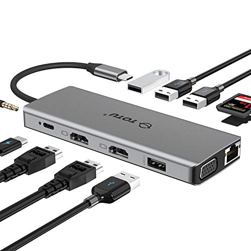 Product Cover USB C Hub, TOTU 12-in-1 Type C Hub with Ethernet,4K USB C to 2 HDMI,VGA,2 USB3.0, 2 USB2.0,79W PD 3.0,SD/TF Cards Reader,Mic/Audio for Mac Pro/Type C Laptops (Windows Laptops Support Triple Display)