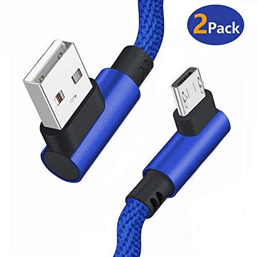 Product Cover Micro USB Cable Android, SUKER [2Pack 6ft] 90 Degree Right Angle High Speed Android Charger Nylon Braided Cord for Samsung Galaxy S7/S6 Edge, HTC, Motorola, LG, Kindle, Xbox, PS4 and More (Blue)