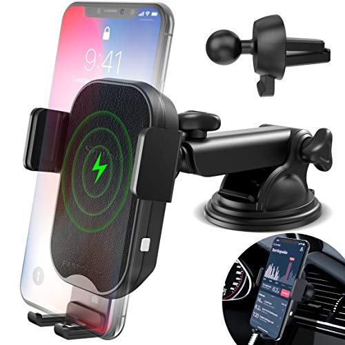 Product Cover Wireless Charger Car Phone Mount, Squish Fast Charging Qi Wireless Car Charger, Auto Clamping Car Phone Holder for Air Vent Dashboard for iPhone Xs Max/XS/XR/X/8Plus/8 and Samsung S10 S9 S8 Note 9 8 7
