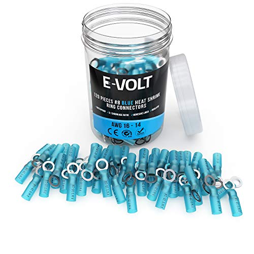 Product Cover E-VOLT 120 PC Blue Heat Shrink Ring Crimp Connectors: Sizes: #10, 1/4