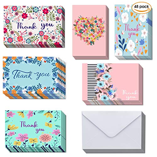 Product Cover Thank You Cards- 48 Floral Thank You Cards Bulk -Wedding Thank You Cards Baby Shower Thank You Cards - 6 Floral Designs Thank You Notes - Blank on The Inside With Envelopes, 4 x 6 inches