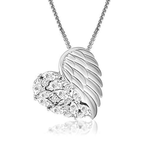Product Cover QLEESI Mother Necklace Love Heart Pendant Necklaces Jewelry for Women, 14K White Gold Plated Angel Wing Necklace Made with 5A Cubic Zirconia(Silver)