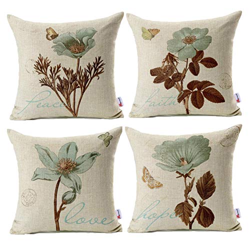 Product Cover Monkeysell Pack of 4 Lotus Leaf Butterfly Flowers Pattern Cotton Linen Throw Pillow Case Boho Floral Printed Pillow Cushion Cover Home Sofa Decorative 18 X 18 Inch (Cushion Cover)