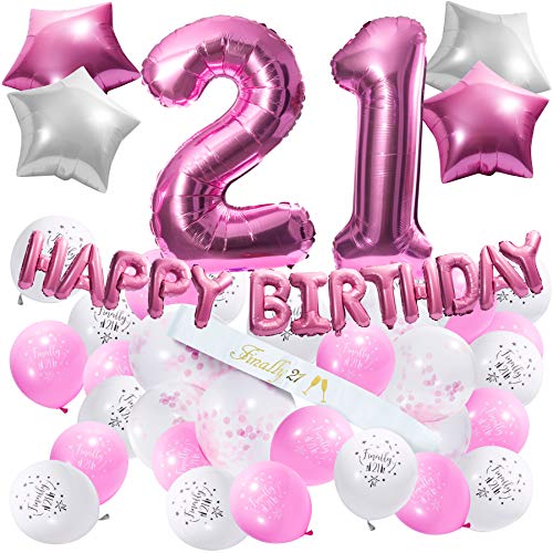 Product Cover 21st Birthday Decorations - 21st Birthday Party Supplies, 21st Birthday Sash, Happy Birthday Banner, Pink Conffeti Balloons, Finally 21, Gifts for her.