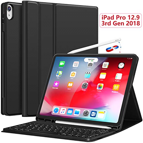 Product Cover CHESONA iPad Pro 12.9 Case with Keyboard 2018-3rd Gen [Support Apple Pencil Charging] [with Pencil Holder] Magnetically Detachable Wireless Keyboard for iPad Pro 12.9 2018 (Not for 2017/2015), Black