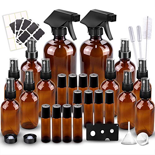 Product Cover Glass Spray Bottles Kits, BonyTek Empty 12 10 ml Roller Bottles, 12 Amber Essential Oil Bottle(216oz,24oz,82oz) with Labels for Aromatherapy Cleaning Products