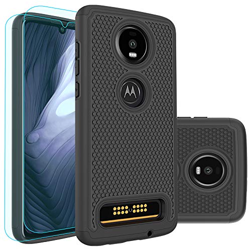 Product Cover Moto Z4 Play Case,Moto Z4 Case with HD Screen Protector [2 Pack] Huness Durable Armor and Resilient Shock Absorption Case Cover for Motorola Moto Z4 Play Phone (Black)