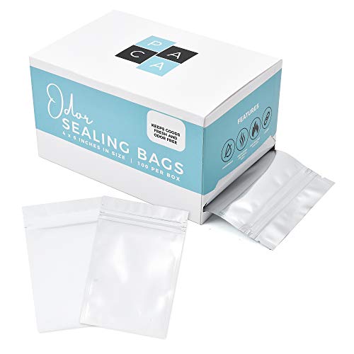 Product Cover PACA 100 Resealable Smell Proof Bags - White Clear Plastic Foil Metallic Mylar Pouch Bag Airtight Flat Zipper for Food, Candy, Herbs & Spice Storage, (4 x 6)