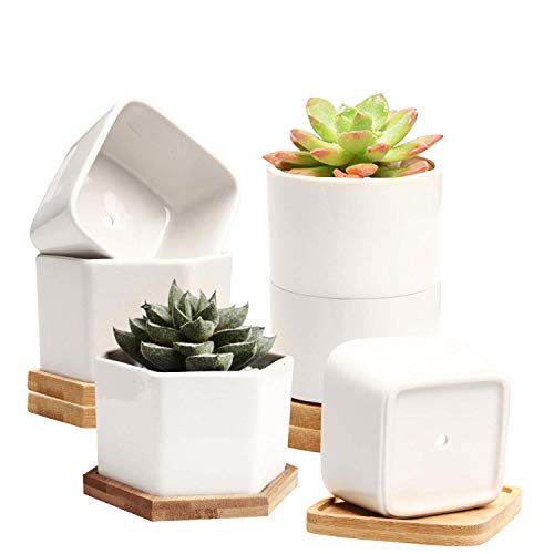 Product Cover Small Succulent Pots,Ceramic Planter Pots,Mini Flower Pots with Drainage Hole,White Garden Pots with Bamboo Tray,Set of 6