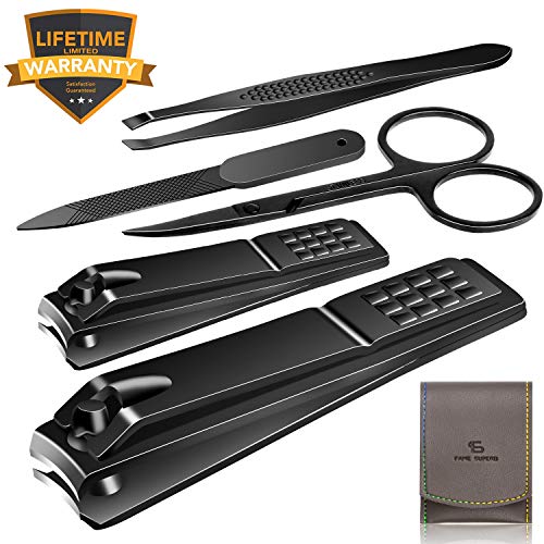 Product Cover Nail Clippers Set Stainless Steel Nail Cutter Pedicure Kit 5 Piece Nail File Sharp Nail Scissors Manicure Fingernails & Toenails with Portable Travel Case (Black_A)