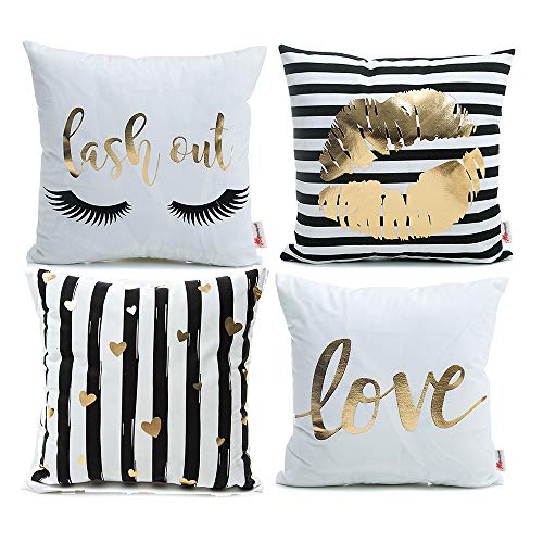 Product Cover Monkeysell Pack of 4 Black and Gold Throw Pillow Lips Bronzing Flannelette Home Pillowcases Throw Pillow Cover Love Black Gold Lips Pattern Design Rock Punk Neoclassical Style 18 inches (White)