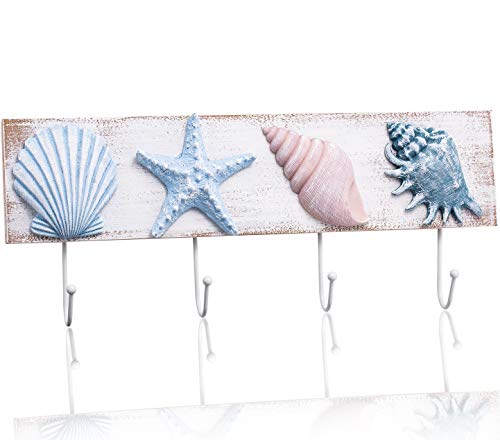 Product Cover TideAndTales Beach Decor Seashell Wall Hooks Towel Rack for Bathroom, Bedroom or Kitchen | 4 Strong Hooks | Ocean Theme Beach House Decor