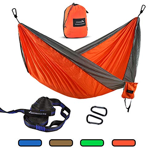Product Cover Geezo Double Camping Hammock, Lightweight Portable Parachute (2 Tree Straps 16 LOOPS/10 FT Included) 500lbs Capacity Hammock for Backpacking, Camping, Travel, Beach, Garden (Orange)