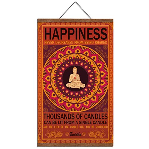 Product Cover WEROUTE Buddha Wall Art Art Zen Decor Printed on Canvas with Scroll Wood Frame Hanger Poster Happiness Quote Motivational Home Decor Hanging Painting 15.7 x 27 inch