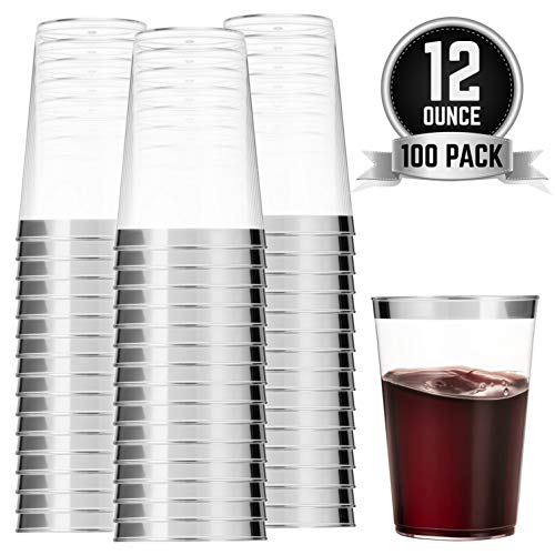 Product Cover 100 Silver Plastic Cups 12 Oz Clear Plastic Cups Tumblers Silver Rimmed Cups Fancy Disposable Wedding Cups Elegant Party Cups with Silver Rim