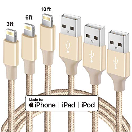 Product Cover iPhone Cable MFI Certified  Lightning Cable 3Pack 3ft 6ft 10ft Long Nylon Braided Cord PCLOCS iPhone Fast Charging Cable Compatible with iPhone Xs/Max/XR/8 /8Plus/ 7 /7Plus/6/6s/iPad Pro Air2, Gold