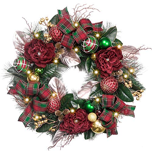 Product Cover Valery Madelyn Pre-Lit 24 Inch Christmas Wreath for Front Door with Ball Ornaments, Berries, Pine Cones, Tartan Ribbons and Flowers, Battery Operated 20 LED Lights