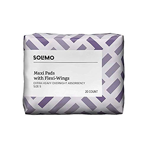 Product Cover Amazon Brand - Solimo Thick Maxi Pads with Flexi-Wings for Periods, Extra Heavy Overnight Absorbency, Unscented, Size 5, 20 Count