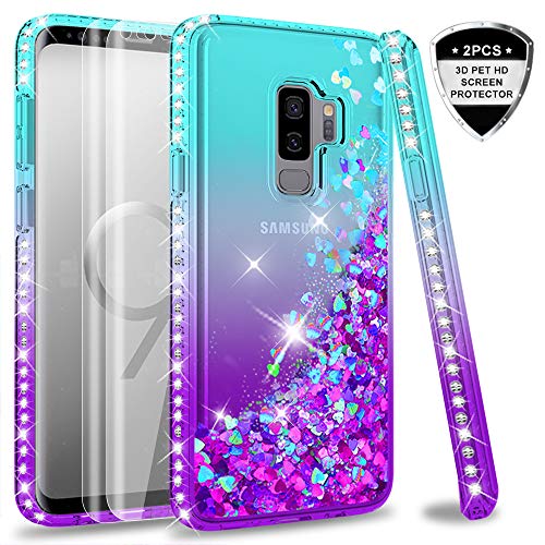 Product Cover Samsung Galaxy S9 Plus Case (Not Fit S9) with 3D PET Screen Protector [2 Pack] for Girls Women, LeYi Glitter Bling Diamond Liquid Quicksand Cute Clear Phone Case for Samsung S9+ S9 Plus ZX Teal/Purple