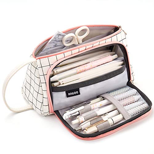Product Cover EASTHILL Medium Capacity Colored Canvas Storage Pouch Marker Pen Pencil Case Simple Stationery Bag Holder For Middle High School Office College Student Girl Women Adult Teen Christmas Gift White Plaid