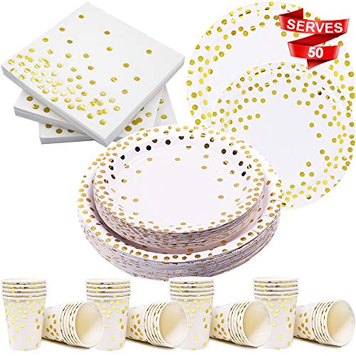 Product Cover Modda 200Pcs Gold Dot Disposable Paper Plates, Cups, Napkins Set - 50 Dinner and Dessert Plate, 50 Cup and Napkin for Engagement Wedding Birthday Bridal Baby Shower Party, Gold Paper Plates Sets
