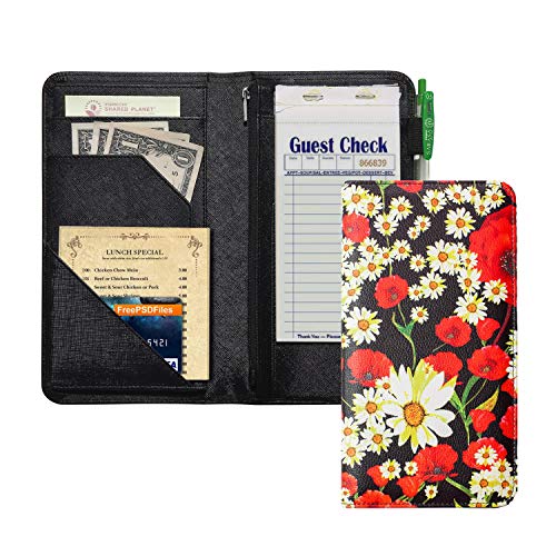 Product Cover Server Book with Zipper Pocket, 5x9 Waitress Book with Money Pocket, Magnetic Closure Pocket for High Volume, Server Wallet Fit Waitress Apron (Red Flower)