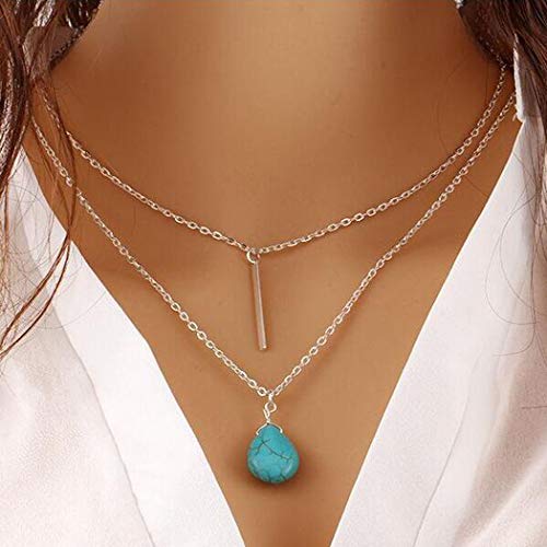Product Cover Asooll Boho Turquoise Necklace Bar Layer Necklace Silver Blue Beaded Water Drop Necklace Chain Beach Jewelry for Women and Girls