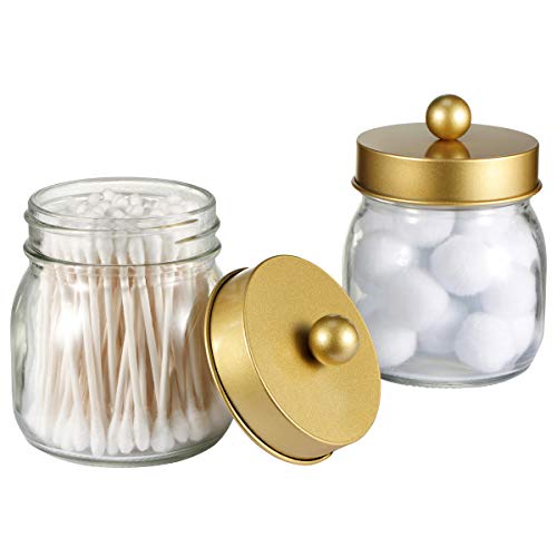 Product Cover SheeChung Mason Jar Bathroom Apothecary Jars - Qtip Holder Canister Gold Bathroom Accessories Vanity Storage Organizer Glass for Qtips,Cotton Swabs,Ball,flossers,Hair Bands/Gold (2 Pack)