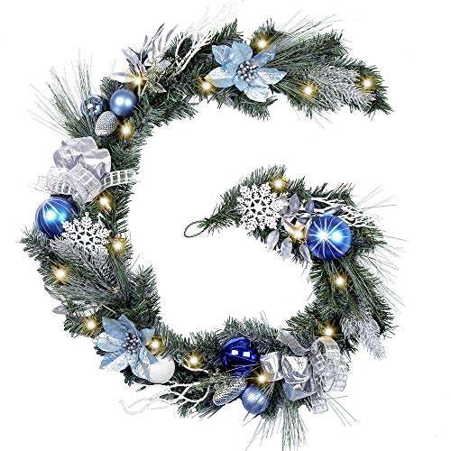 Product Cover Valery Madelyn Pre-Lit 6 Feet/72 Inch Winter Land Blue Silver Christmas Garland with Ball Ornaments, Snowflakes, Pine Cones, Ribbons and Flowers, Battery Operated 20 LED Lights