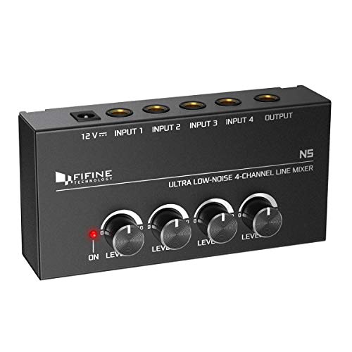 Product Cover FIFINE Ultra Low-Noise 4-Channel Line Mixer for Sub-Mixing,4 Stereo Channel Mini Audio Mixer with AC adapter.Ideal for Small Club or Bar. As Microphones,Guitars,Bass,Keyboards or Stage Sub Mixer-N5