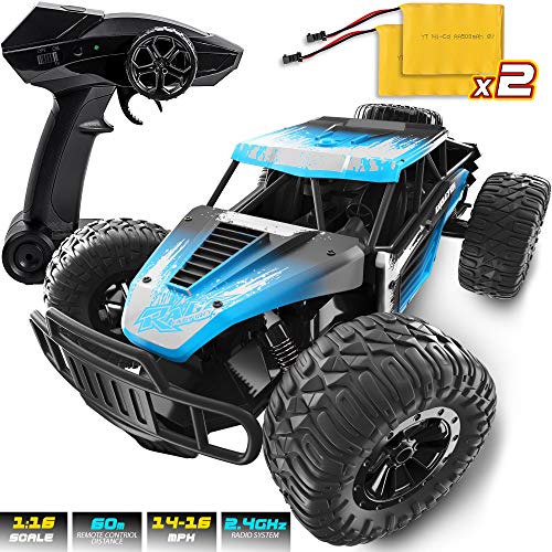 Product Cover Remote Control Car for Boys - RC Monster Truck with 2 Rechargeable Batteries - 1:16 Big, 16MPH Fast, 2.4 GHZ Controlled - Race for Offroad, Electric Vehicle Hobby Toy for Kids, Adults - Great Gift