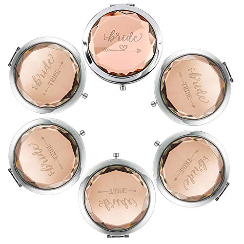 Product Cover Pack of 6 Compact Pocket Makeup Mirrors - 1 Bride Makeup Mirror 5 Bride Tribe Makeup Mirrors and 6 Gift Bags for Bachelorette Party Bridal Shower Hen Party Bridesmaid Proposal Gifts (Champagne)