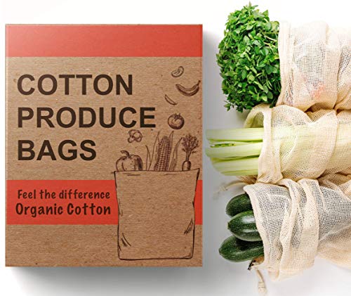 Product Cover Reusable Produce Bags | Certified Organic Cotton Mesh & Muslin | Zero Waste Natural Food Keeper for Fruit & Vegetable Storage (Set of 7 - Various Sizes (S/M/L))