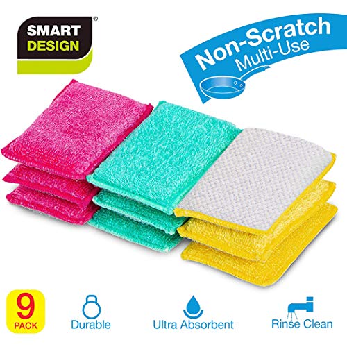 Product Cover Smart Design SmartCloth Scrub Sponges w/Antibacterial Fibers - Heavy Duty & Ultra Absorbent - for Cleaning, Dishes, Hard Stains - Kitchen (Non-Scratch Set of 9, Yellow, Green, Pink)