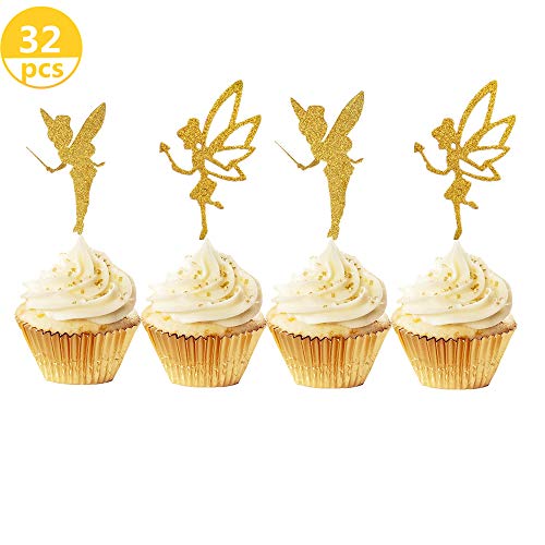 Product Cover JeVenis 32pcs Gold Glitter Fairy Cupcake Toppers Angel Cake Topper Ballet Cupcake Topper for Birthday Bridal Shower Baby Shower Wedding Decoration Supplies