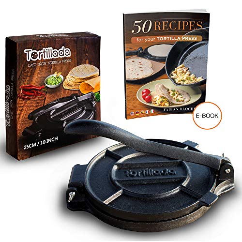 Product Cover Tortillada - Premium Cast Iron Tortilla Press with Recipes (10 Inch) / Biggest Tortilla Press in the Market (10 Inch)
