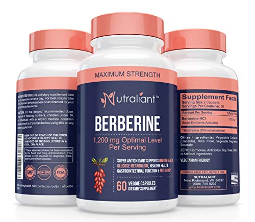 Product Cover Berberine HCI Extra Strength 1200mg Supplement - Support Lower Blood Sugar Levels, Healthy Glucose Metabolism, Immune System Boost, Cardiovascular & Gastrointestinal Health - 60 Vegetarian Capsules
