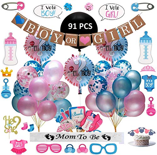 Product Cover G E CREATION - Gender Reveal Party Supplies (91 Piece Kit) | Premium Quality Decorations Plus Cake & Cupcake Toppers | Keepsake Banner, Sash & Photo Props | 30 Balloons with Blue & Pink Ribbons