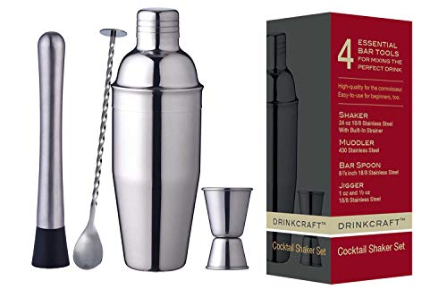 Product Cover Cocktail Shaker Set by DRINKCRAFT: 24 oz Stainless Steel Drink Shaker with Built-in Strainer, Cocktail Muddler, Mixing Spoon, and Measuring Double-Jigger - The 4 Essential Bar Tools