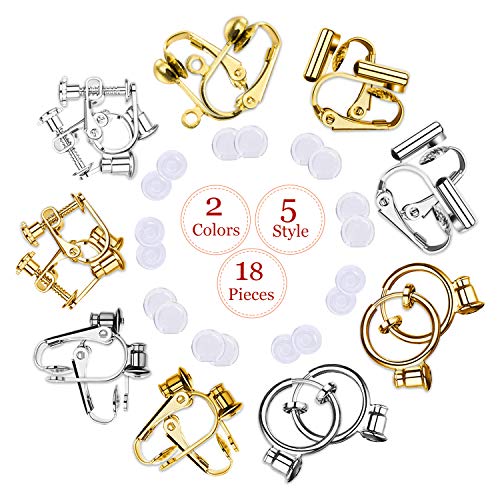 Product Cover Clip-on Earrings Converter Components with Post for Non-Pierced Ears DIY Comfort Earring Pads for Women or Girls 2 Colors 5 Style 18 Pieces