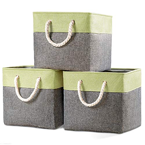 Product Cover Prandom Large Foldable Cube Storage Baskets Bins 13x13 inch [3-Pack] Fabric Linen Collapsible Storage Bins Cubes Drawer with Cotton Handles Organizer for Shelf Toy Nursery Closet Bedroom(Green)...