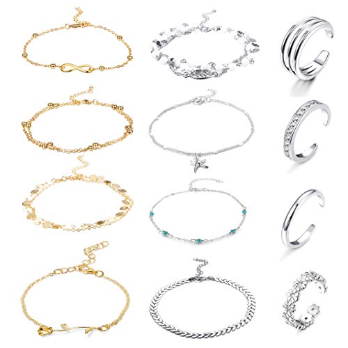 Product Cover FUNRUN JEWELRY 12PCS Anklet and Toe Ring Set for Women Girls Beach Ankle Bracelets Adjustable Open Toe Ring Foot Jewelry (Color A)