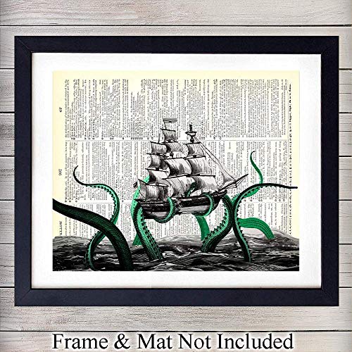 Product Cover Kraken Octopus Breaking Ship - Dictionary Art - 8x10 Upcycled Home and Wall Decor Poster for Bathroom, Beach or Lake House - Cool Unique Gift for Steampunk Fans - Vintage Unframed Photo Print