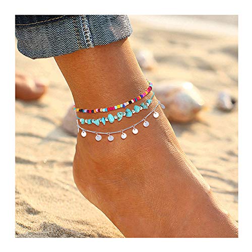 Product Cover YAHPERN Anklets for Women Girls Color Beads Turquoise Drop Sequin Charm Adjustable Ankle Bracelets Set Boho Multilayer Beach Foot Jewelry