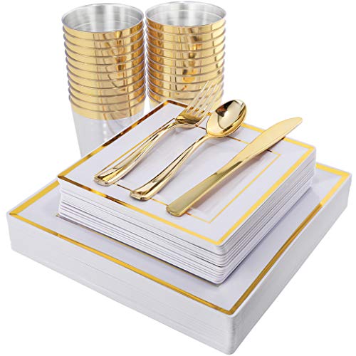 Product Cover IOOOOO 150PCS Gold Square Plates, Gold Plastic Silverware with Disposable Cups Includes 25 Dinner Plates, 25 Dessert Plates, 25 Forks, 25 Knives, 25 Spoons, 25 Tumblers