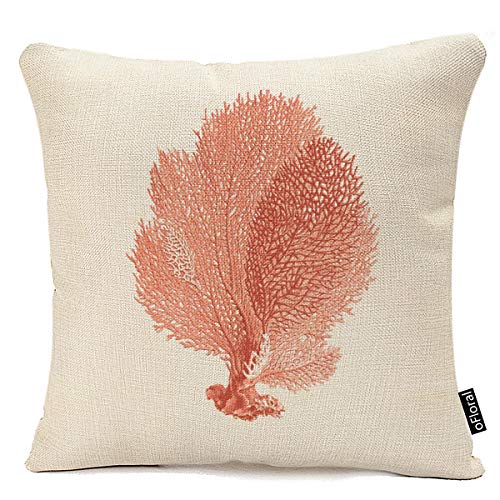 Product Cover Home Decorative Cute Red Coral Throw Pillow Cover Coastal Theme Square Pillowcases 18 X 18 Inch Cotton Linen Sofa Cushion Covers