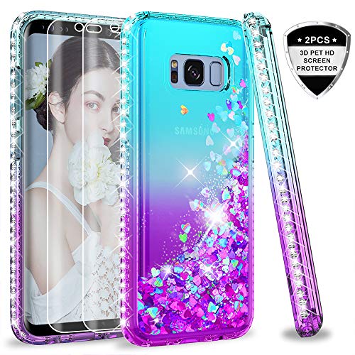 Product Cover Samsung Galaxy S8 Plus Case (Not Fit S8) with 3D PET Screen Protector [2 Pack] for Girls Women, LeYi Glitter Cute Bling Liquid Quicksand Clear Protective Phone Case for Samsung S8+ Plus ZX Teal/Purple
